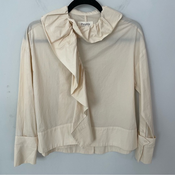 Psophia Ruffle Neck Blouse Size Small Oversized Statement Top Cream Cotton.  15 - Picture 1 of 9